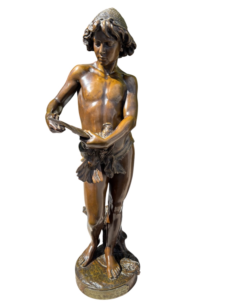 "the Birdcatcher" Bronze Signed By Jean-louis Grégoire, 68 Cm.-photo-3