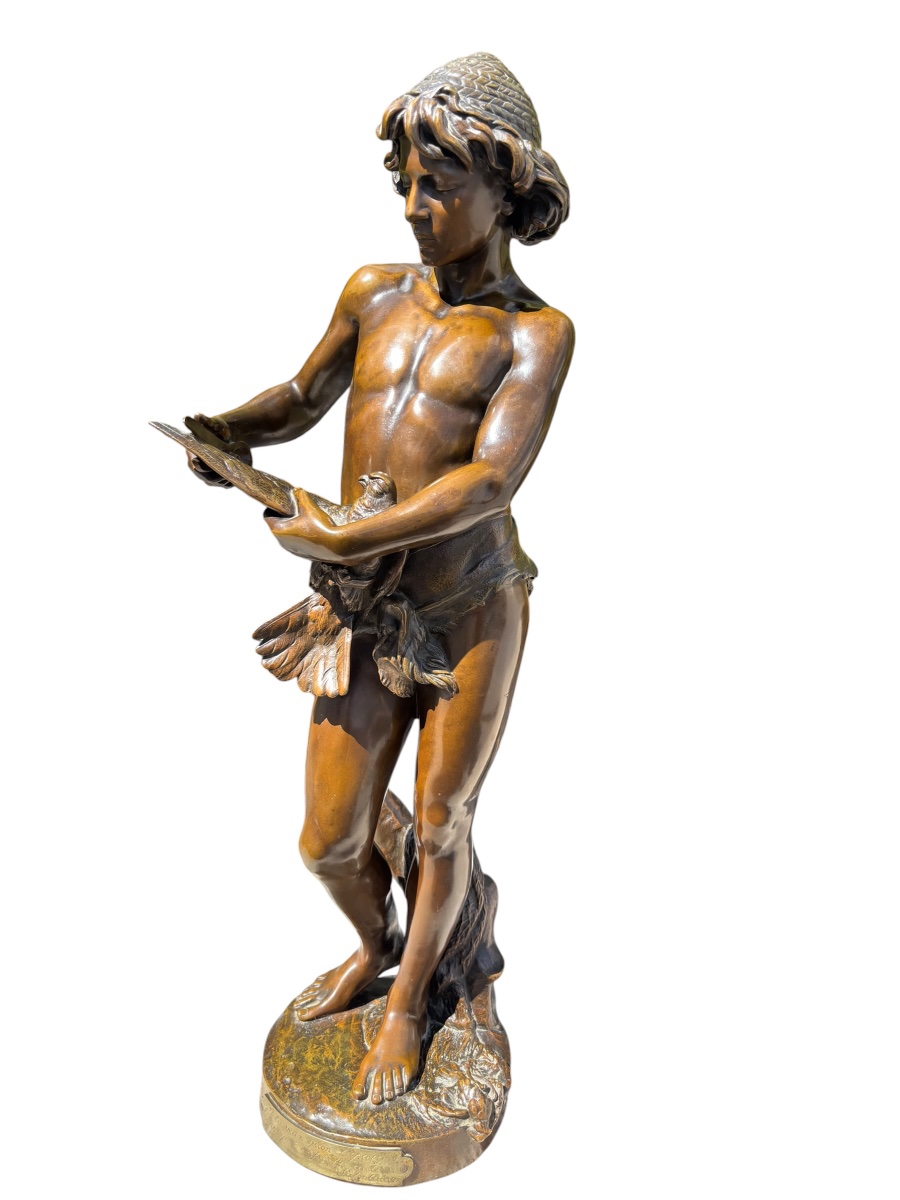 "the Birdcatcher" Bronze Signed By Jean-louis Grégoire, 68 Cm.
