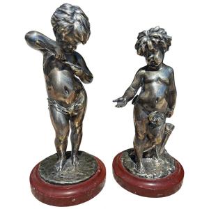 Paire de bronze argenté représentant deux enfants de Louis Kley ( 1833 - 1911 )