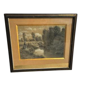Dessin de Émile François Michel personnages au bord de l’eau