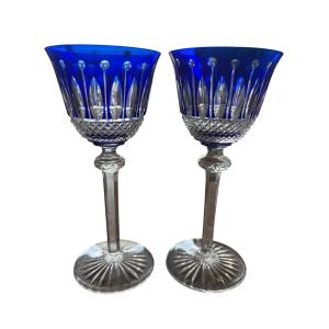 Set Of Two Cobalt Blue Saint Louis Glasses, 19.8 Cm Tall (one Glass Has A Chip—see Photos) 