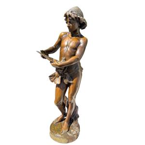 BRONZE « L’OISELEUR » SIGNÉ JEAN-LOUIS GREGOIRE 68CM