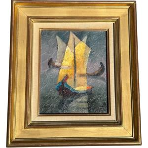 Tableau huile sur toile de Louis Toffoli Titré les flotteurs au dos