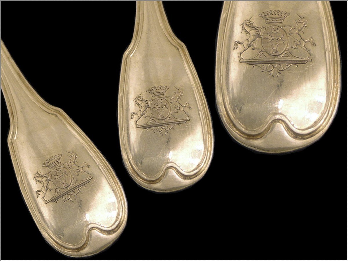 Six Rares Cuillères à Café, Thé Ou Confiture Argent Massif Vermeil Armoiries Couronne Comtale-photo-2