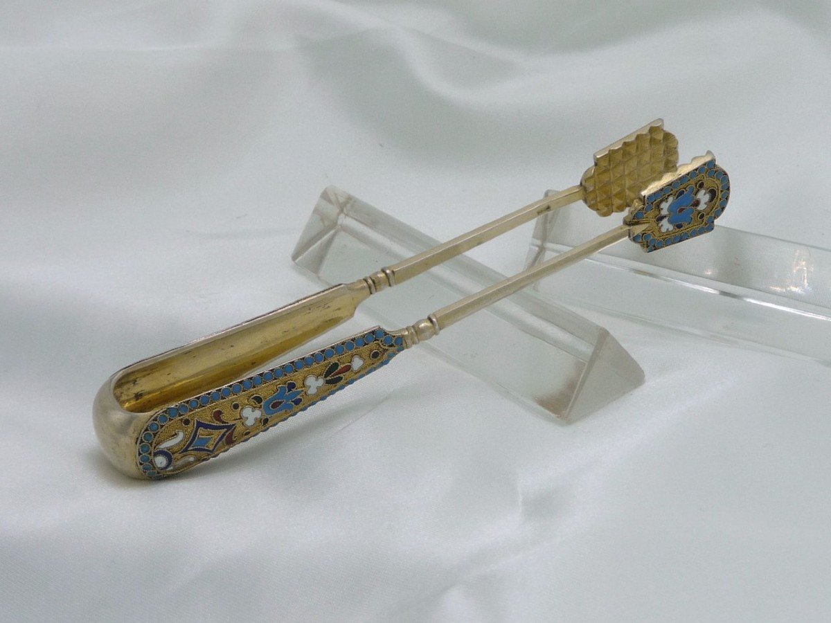 Proantic Sugar Tongs In Sterling Silver Vermeil And Cloisonne Enamels