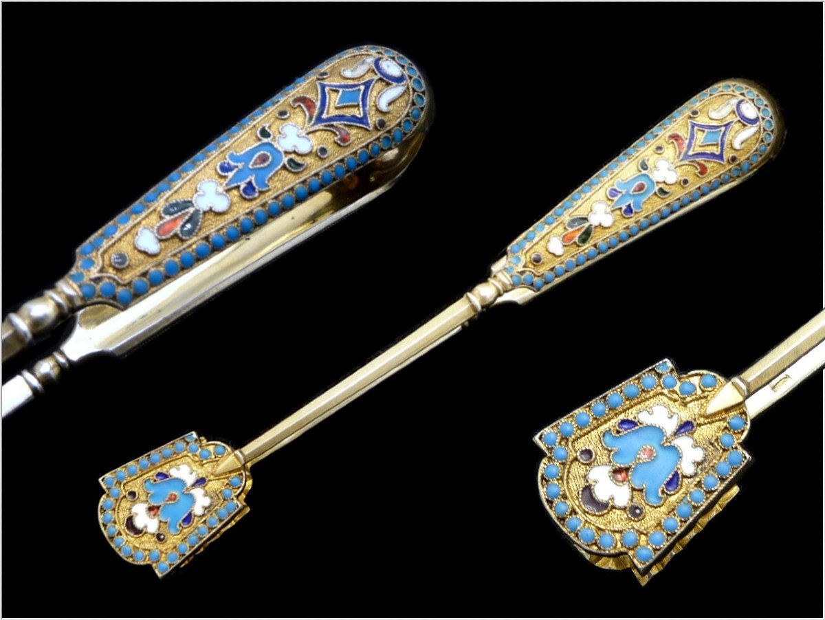 Proantic Sugar Tongs In Sterling Silver Vermeil And Cloisonne Enamels