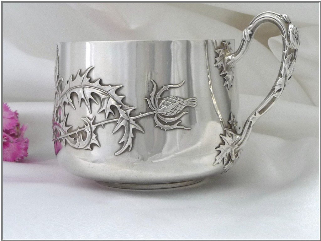 Pair Of Head To Head Cups With Art Nouveau Thistles Sterling Silver & Vermeil-photo-2