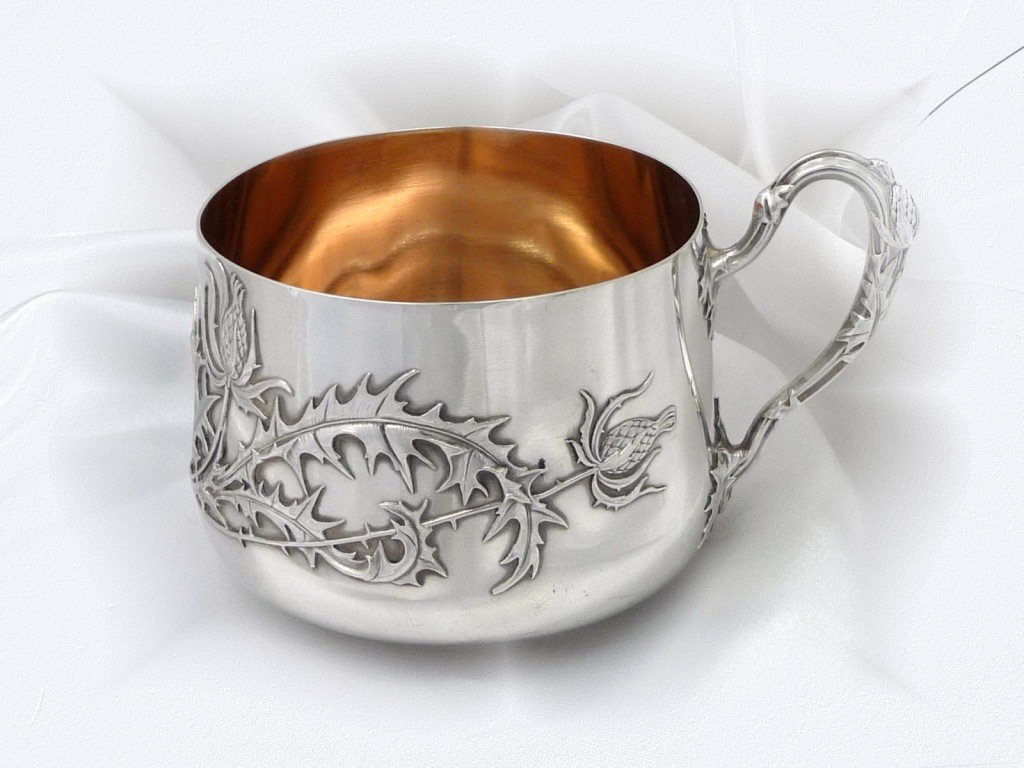 Pair Of Head To Head Cups With Art Nouveau Thistles Sterling Silver & Vermeil-photo-3