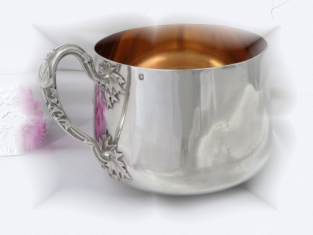 Pair Of Head To Head Cups With Art Nouveau Thistles Sterling Silver & Vermeil-photo-1
