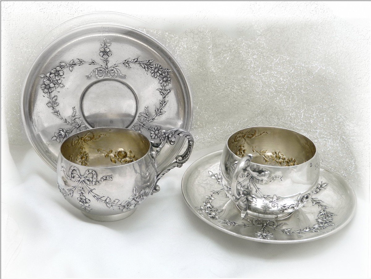 Boivin -  Paire De Tasses à Chocolat ou  à Thé   Tête -à -tête en Argent Massif  Décor De Roses-photo-3
