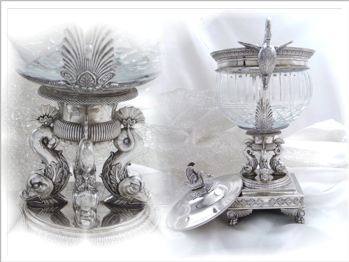 Denis Garreau - Grand Drageoir With Swans Sterling Silver & Crystal Restoration Period-photo-3