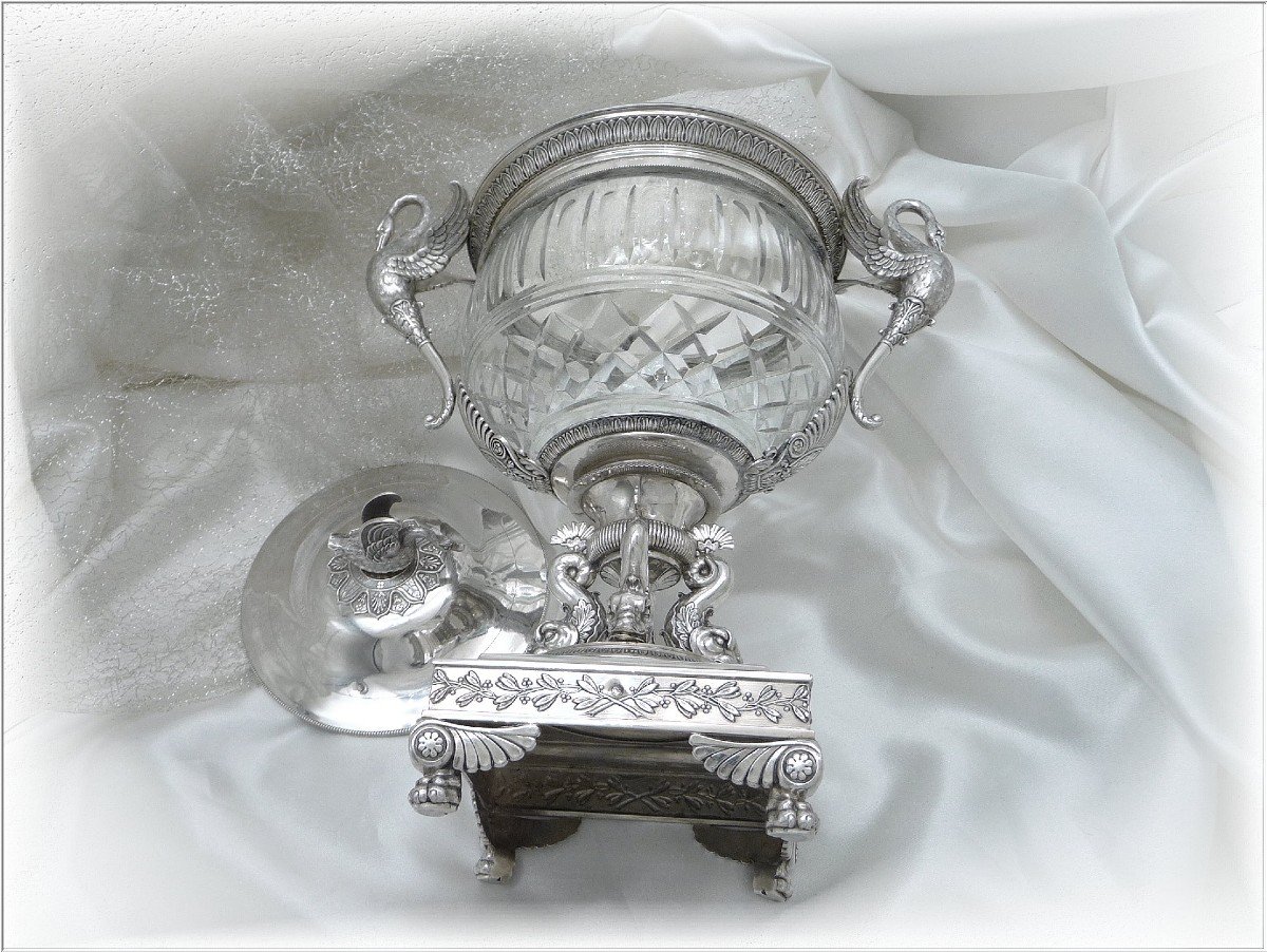Denis Garreau - Grand Drageoir With Swans Sterling Silver & Crystal Restoration Period-photo-4