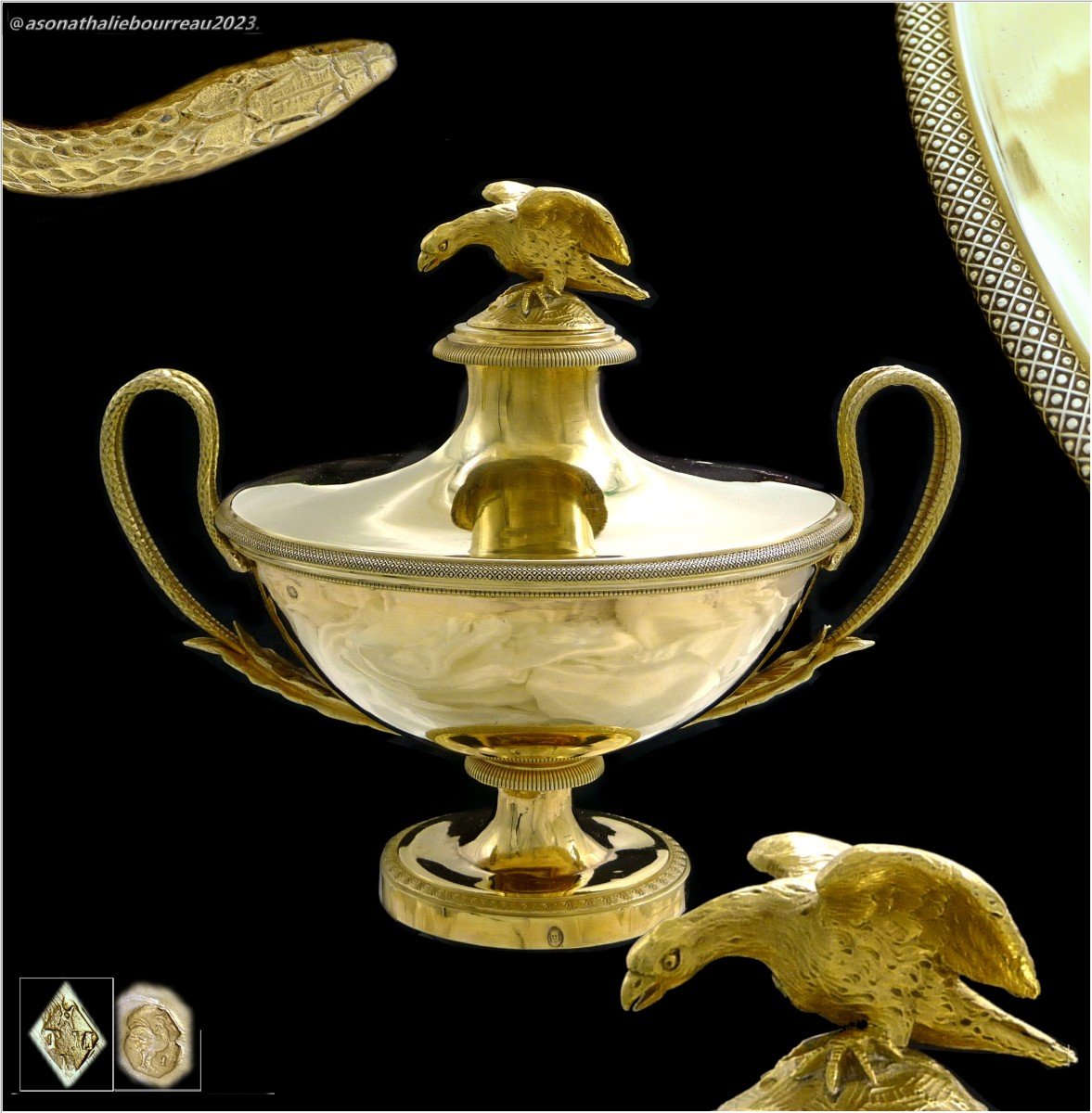 Tm Bary - Covered Sugar Bowl - Sterling Silver Vermeil Drageoir Late 18th Century Eagle - Snake Handles