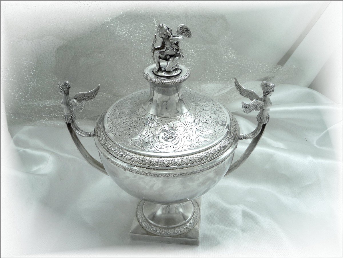 Rome - Sucrier Couvert - Drageoir Argent Massif Cupidon & Cariatides XIX° Italie-photo-3