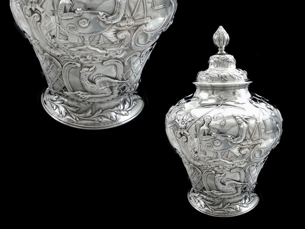 London - Large Covered Pot - Sterling Silver Centerpiece - 19th Century Chinese Decor. 1550 Gr.-photo-4