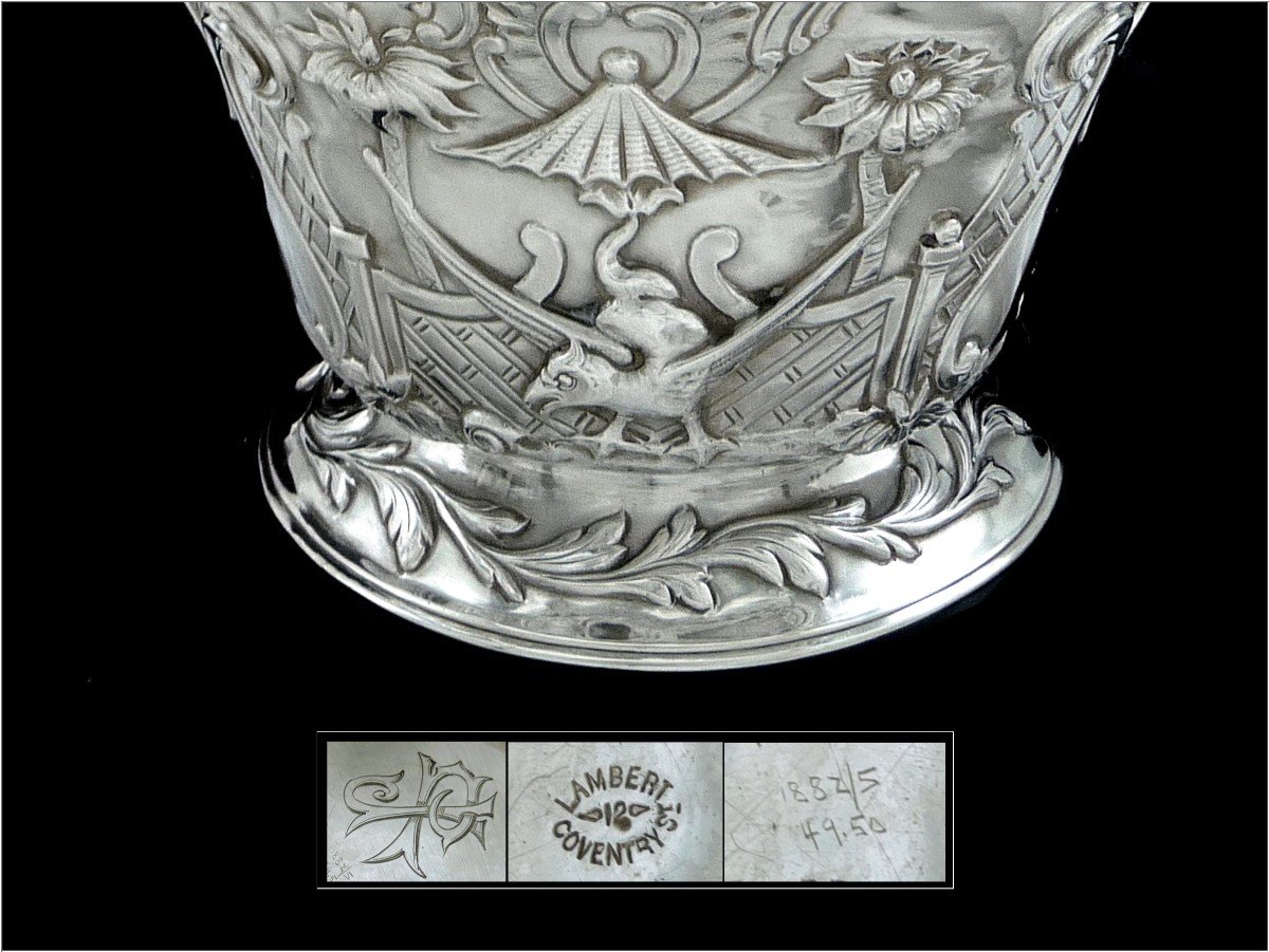 London - Large Covered Pot - Sterling Silver Centerpiece - 19th Century Chinese Decor. 1550 Gr.-photo-1