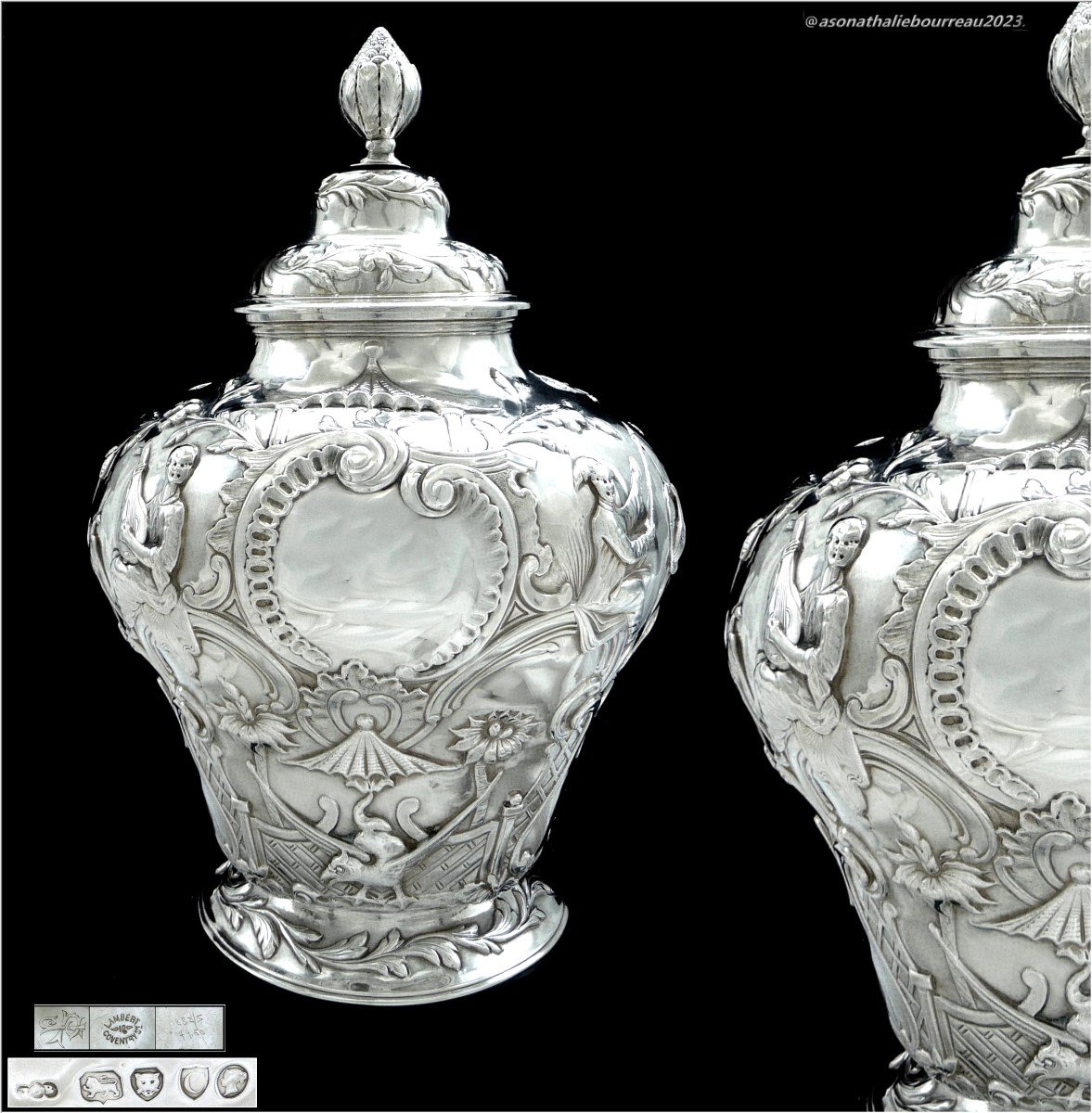 London - Large Covered Pot - Sterling Silver Centerpiece - 19th Century Chinese Decor. 1550 Gr.