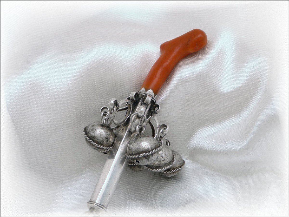 Whistling Rattle With Bells In Sterling Silver And Coral - Ep. XVIII°-photo-3