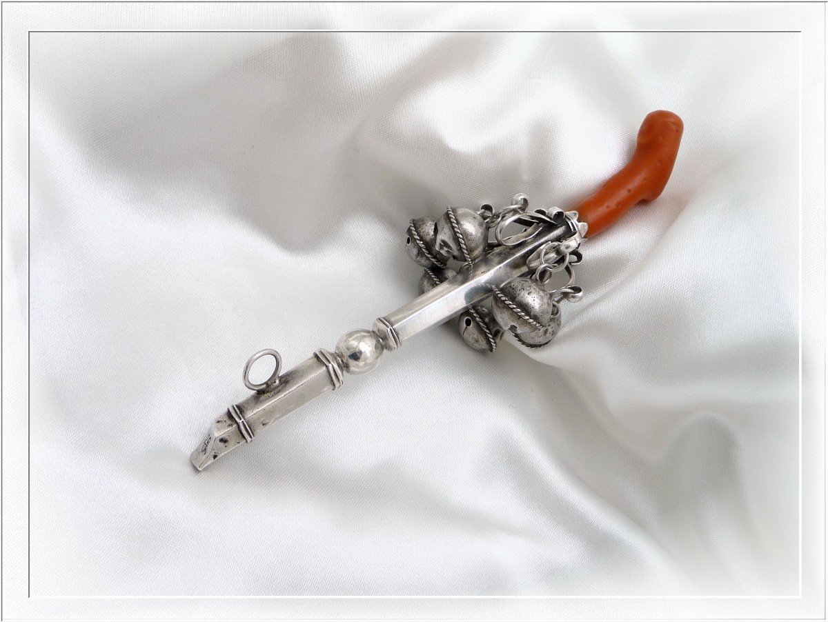 Whistling Rattle With Bells In Sterling Silver And Coral - Ep. XVIII°-photo-4