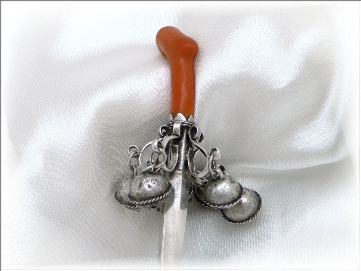 Whistling Rattle With Bells In Sterling Silver And Coral - Ep. XVIII°-photo-1