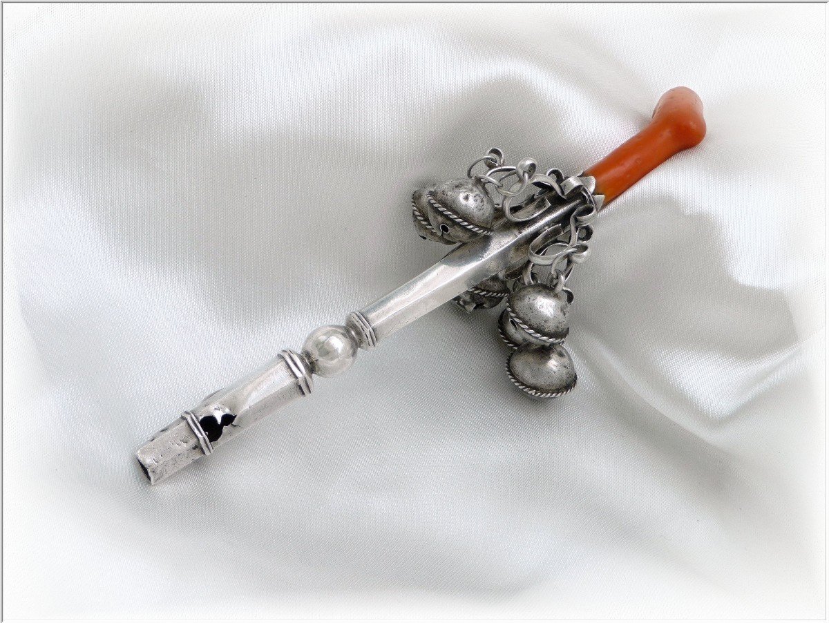 Whistling Rattle With Bells In Sterling Silver And Coral - Ep. XVIII°-photo-2