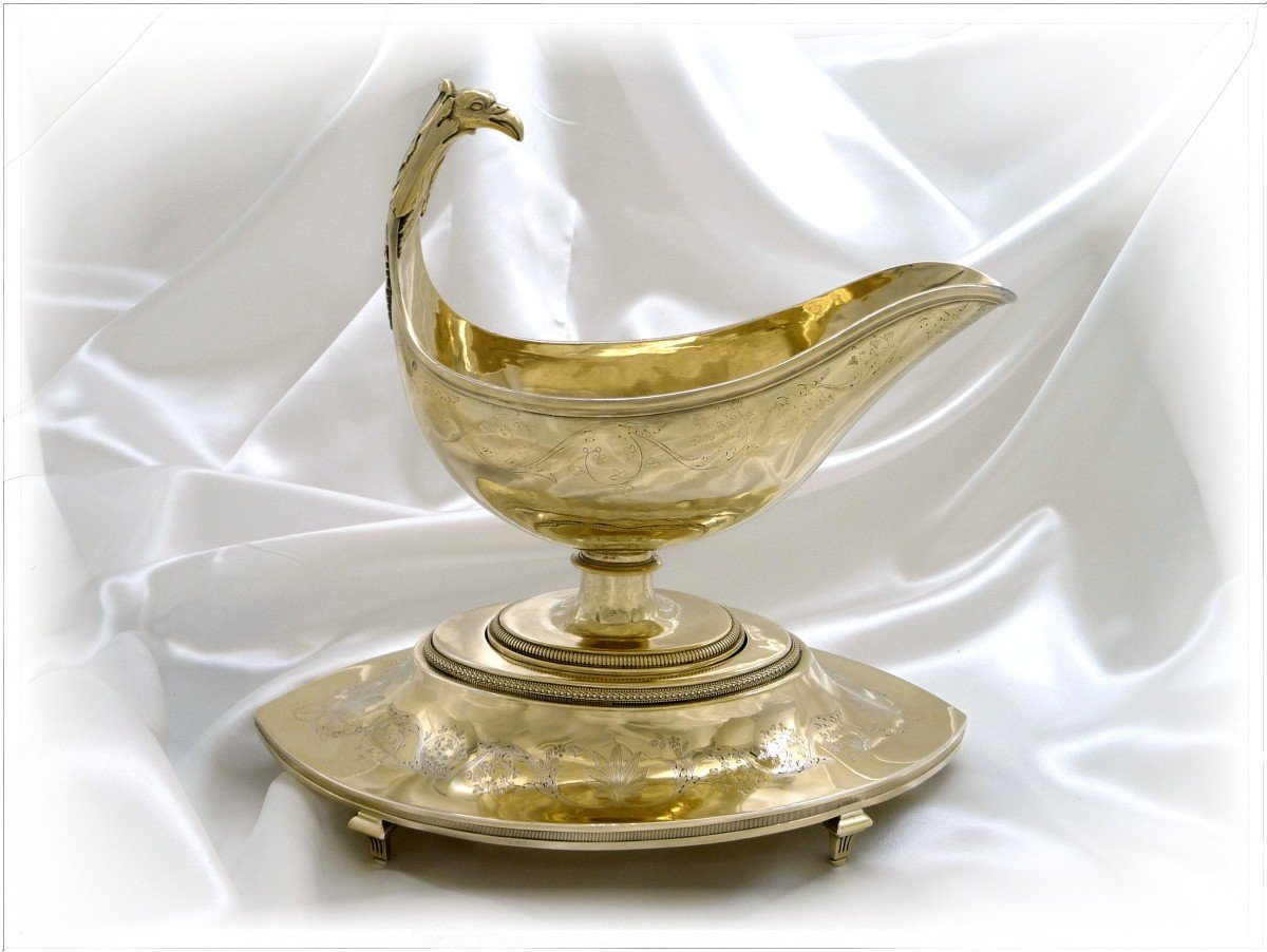 C.A BLERZY - Saucière Casque Sur Son Présentoir  Tête d'Aigle Argent Massif & Vermeil 1799-1800-photo-4