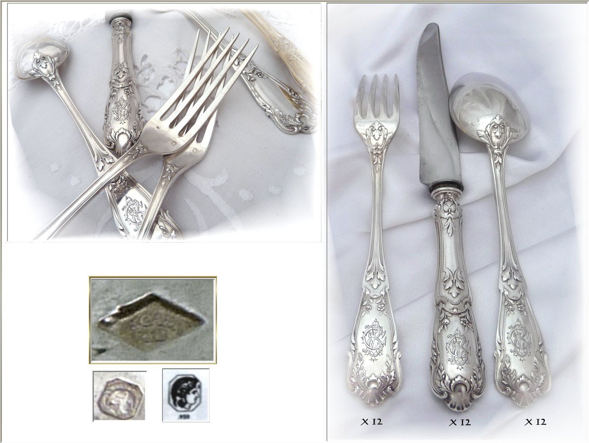 Régina Benvenisti - Ménagère et ses Couteaux en Argent Massif  Minerve 950 - 36 Pièces-photo-3