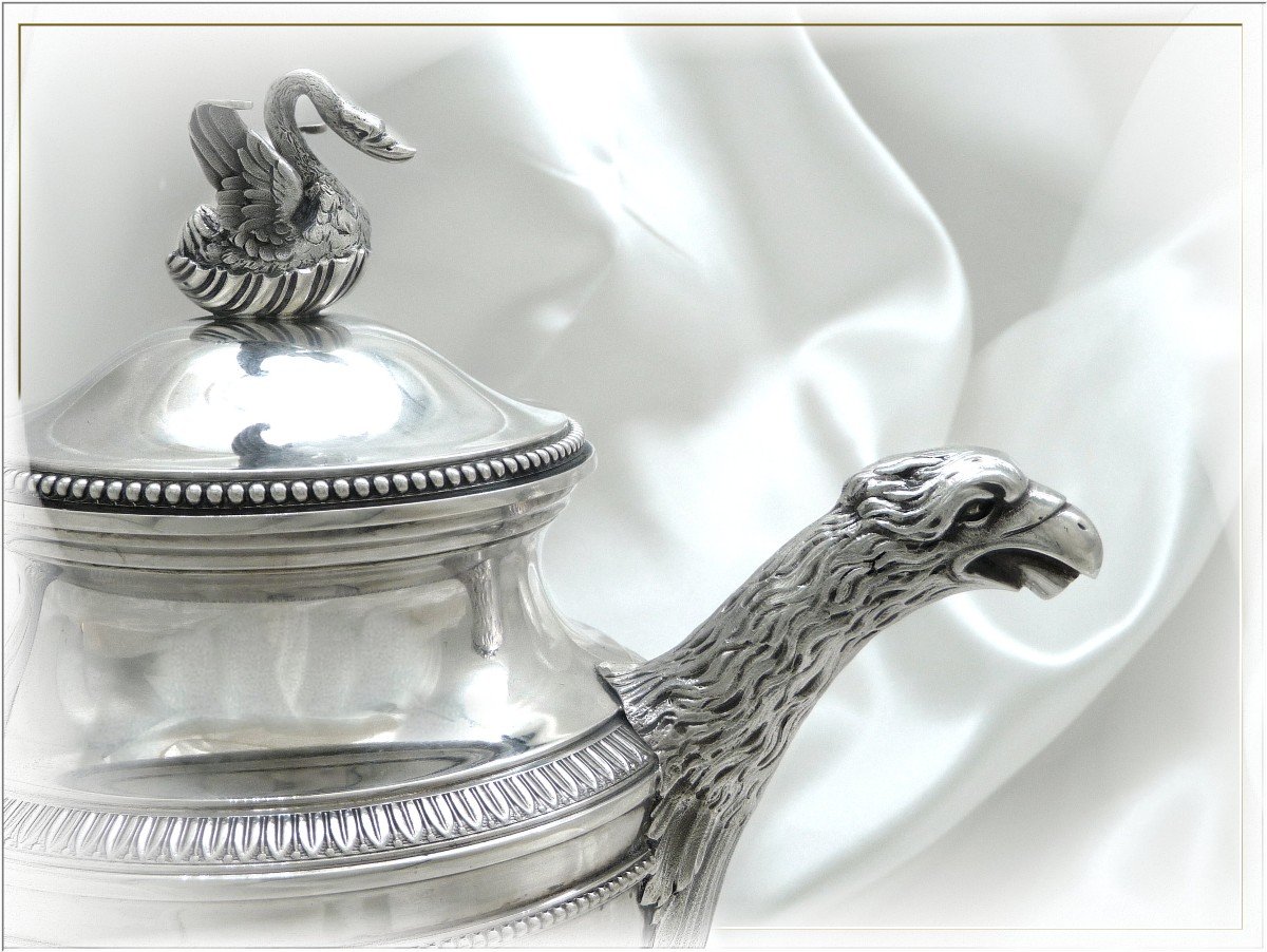 Large Teapot Jug In Solid Silver With Eagle And Swan Decor Minerva 950-photo-5