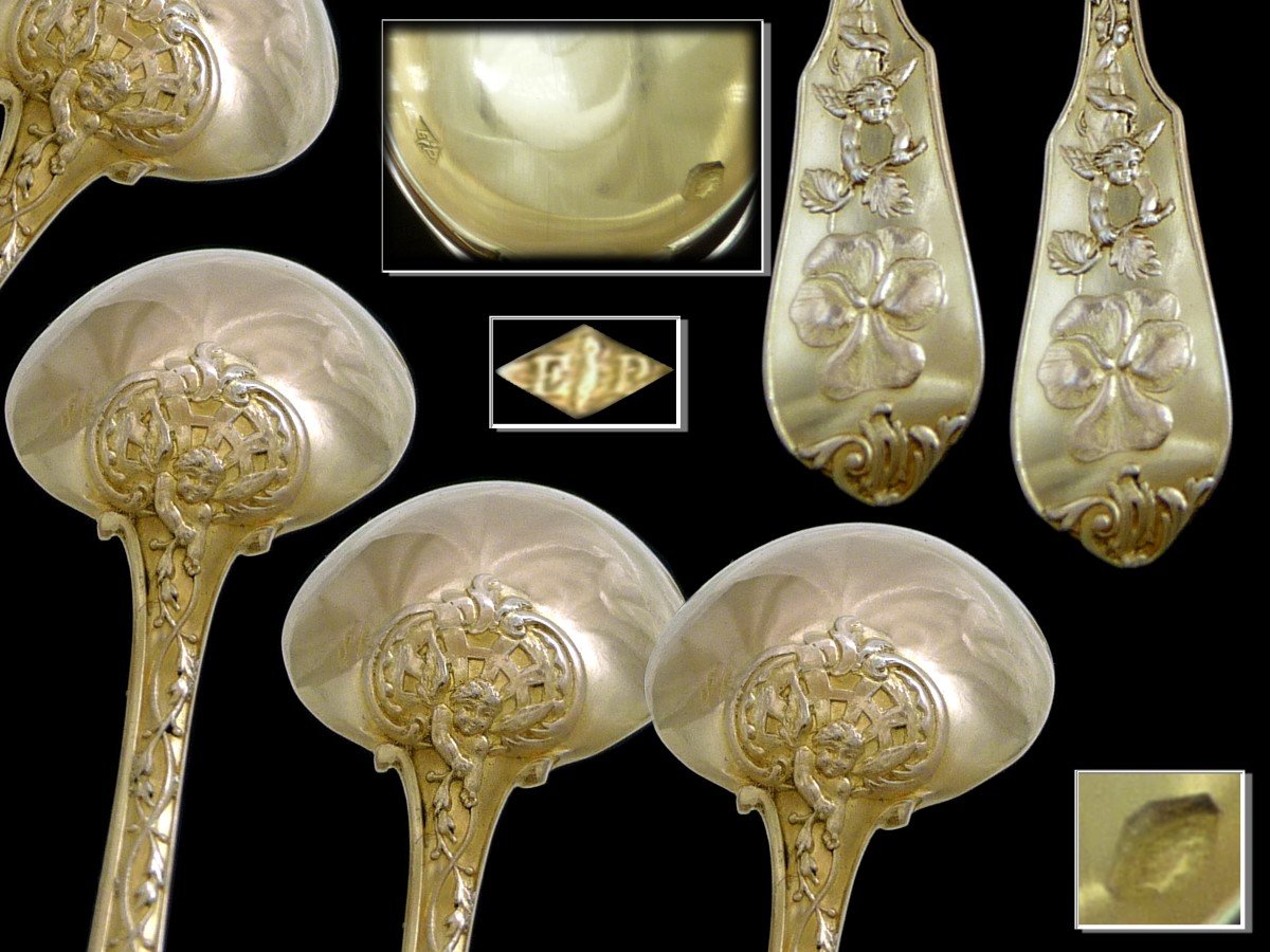 E. Puiforcat - Sterling Silver & Vermeil Coffee Spoons With Flowers & Cherubs Decor - Set Of 12-photo-2