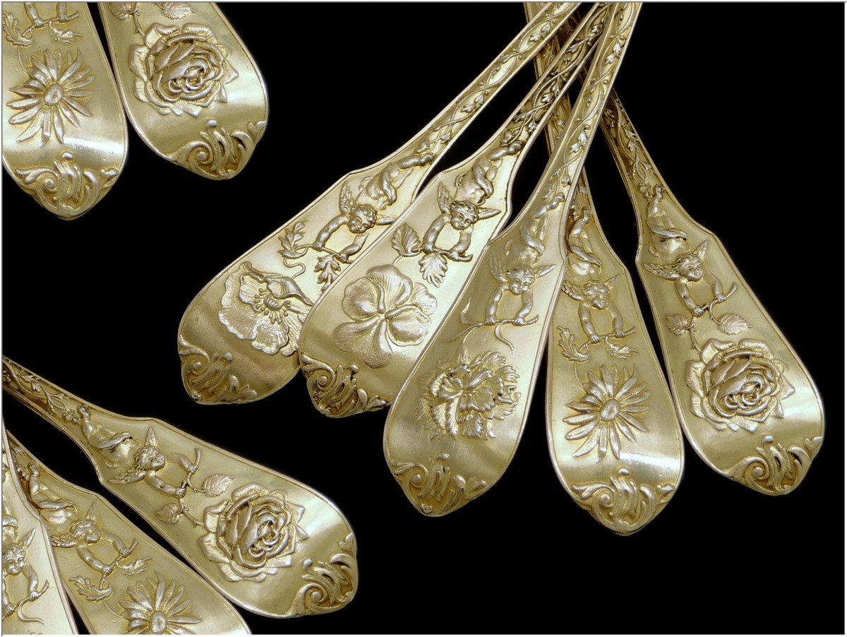 E. Puiforcat - Sterling Silver & Vermeil Coffee Spoons With Flowers & Cherubs Decor - Set Of 12-photo-3