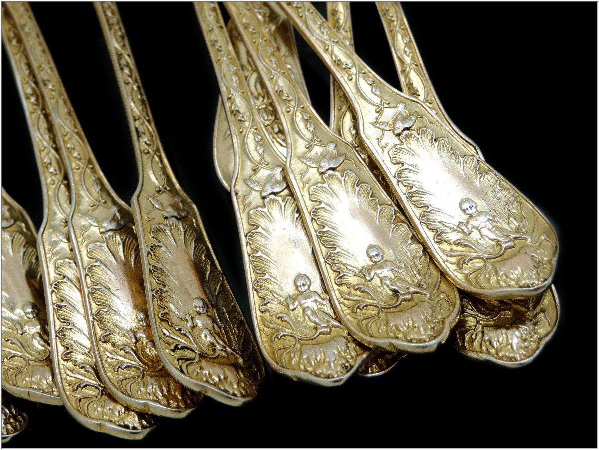 E. Puiforcat - Sterling Silver & Vermeil Coffee Spoons With Flowers & Cherubs Decor - Set Of 12-photo-4
