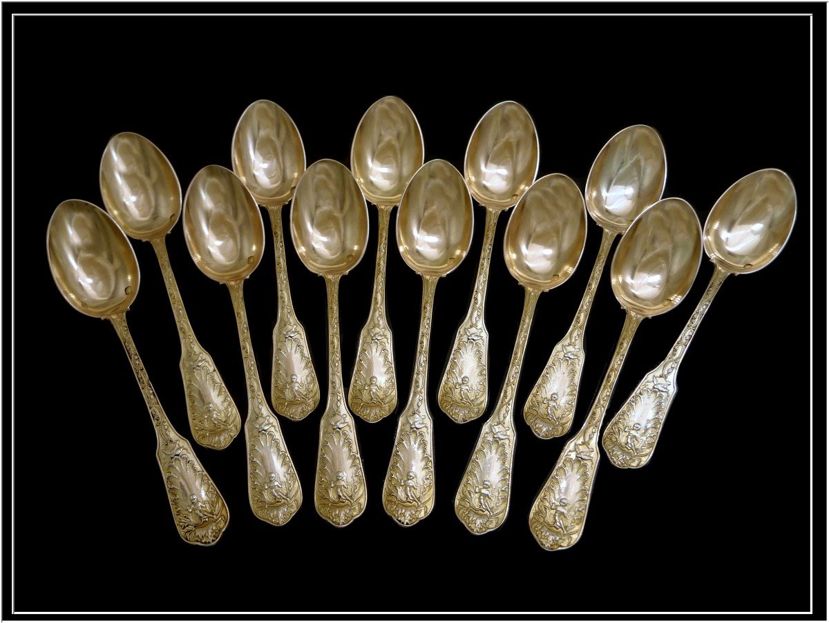 E. Puiforcat - Sterling Silver & Vermeil Coffee Spoons With Flowers & Cherubs Decor - Set Of 12-photo-1