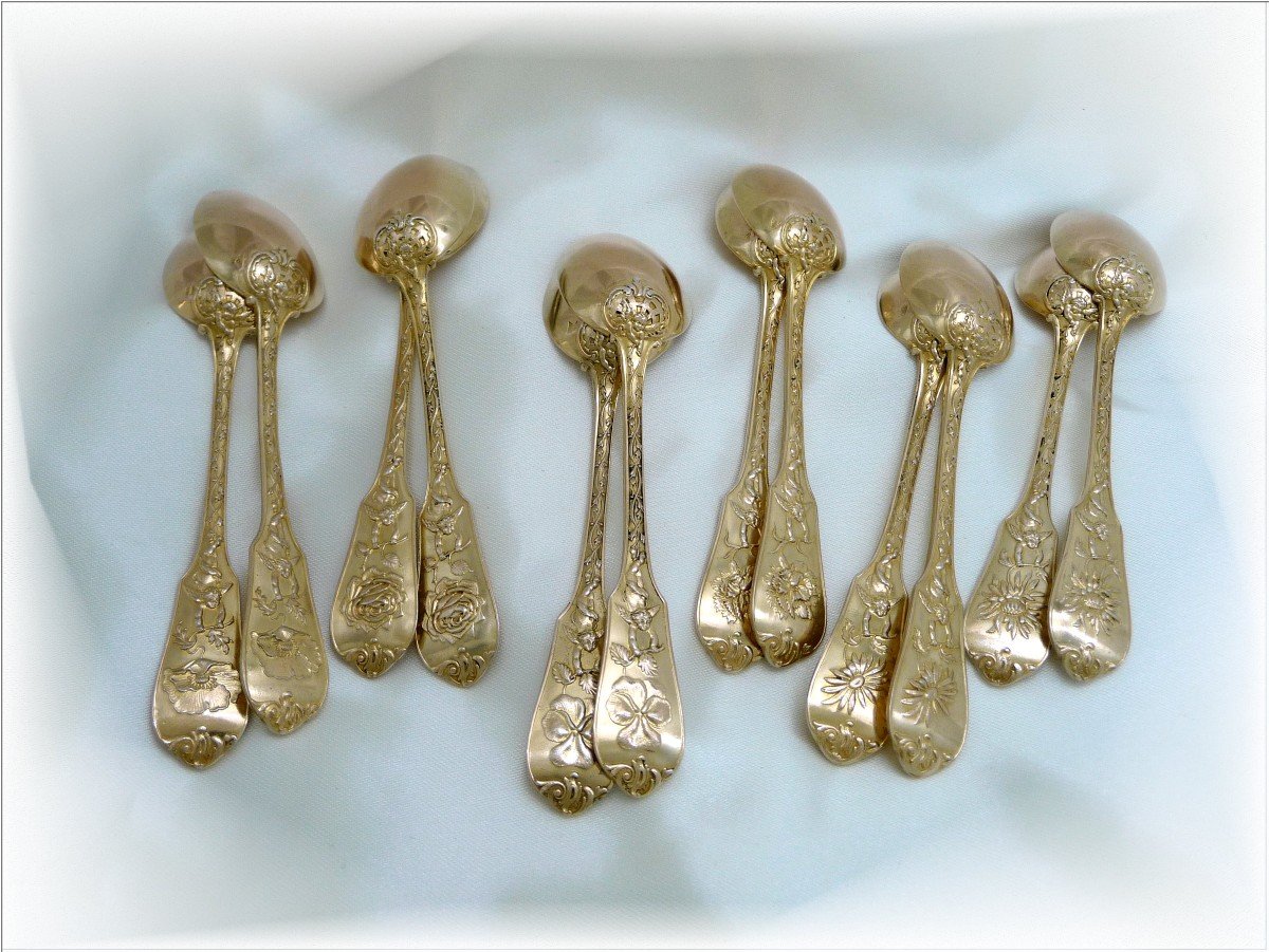E. Puiforcat - Sterling Silver & Vermeil Coffee Spoons With Flowers & Cherubs Decor - Set Of 12-photo-2