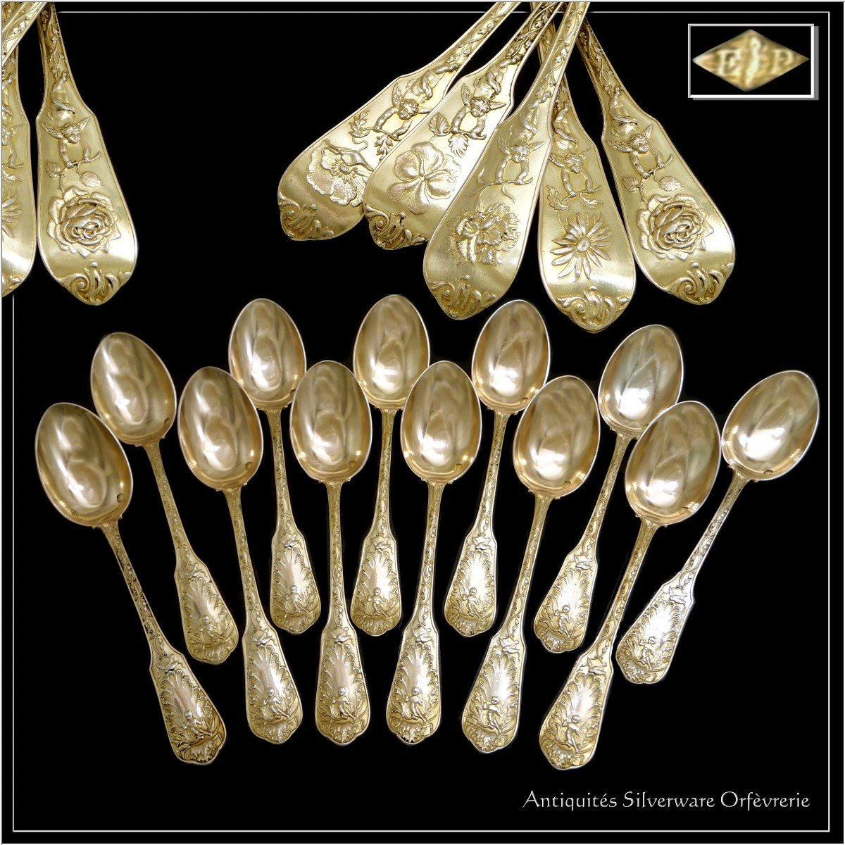 E. Puiforcat - Sterling Silver & Vermeil Coffee Spoons With Flowers & Cherubs Decor - Set Of 12