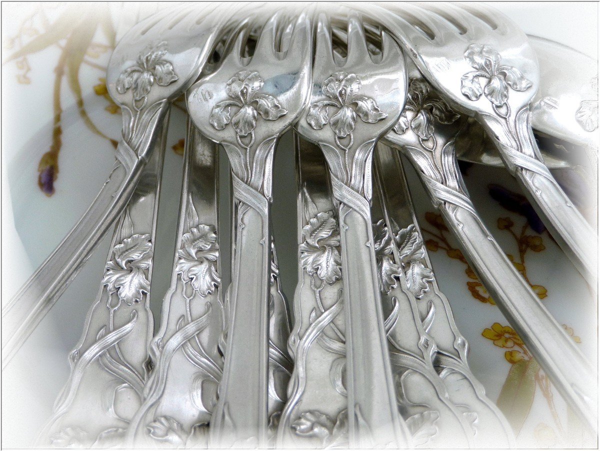 Ravinet d'Enfert - Ménagère Argent Massif Art Nouveau Modèle aux Iris 12 Convives Minerve 950-photo-2