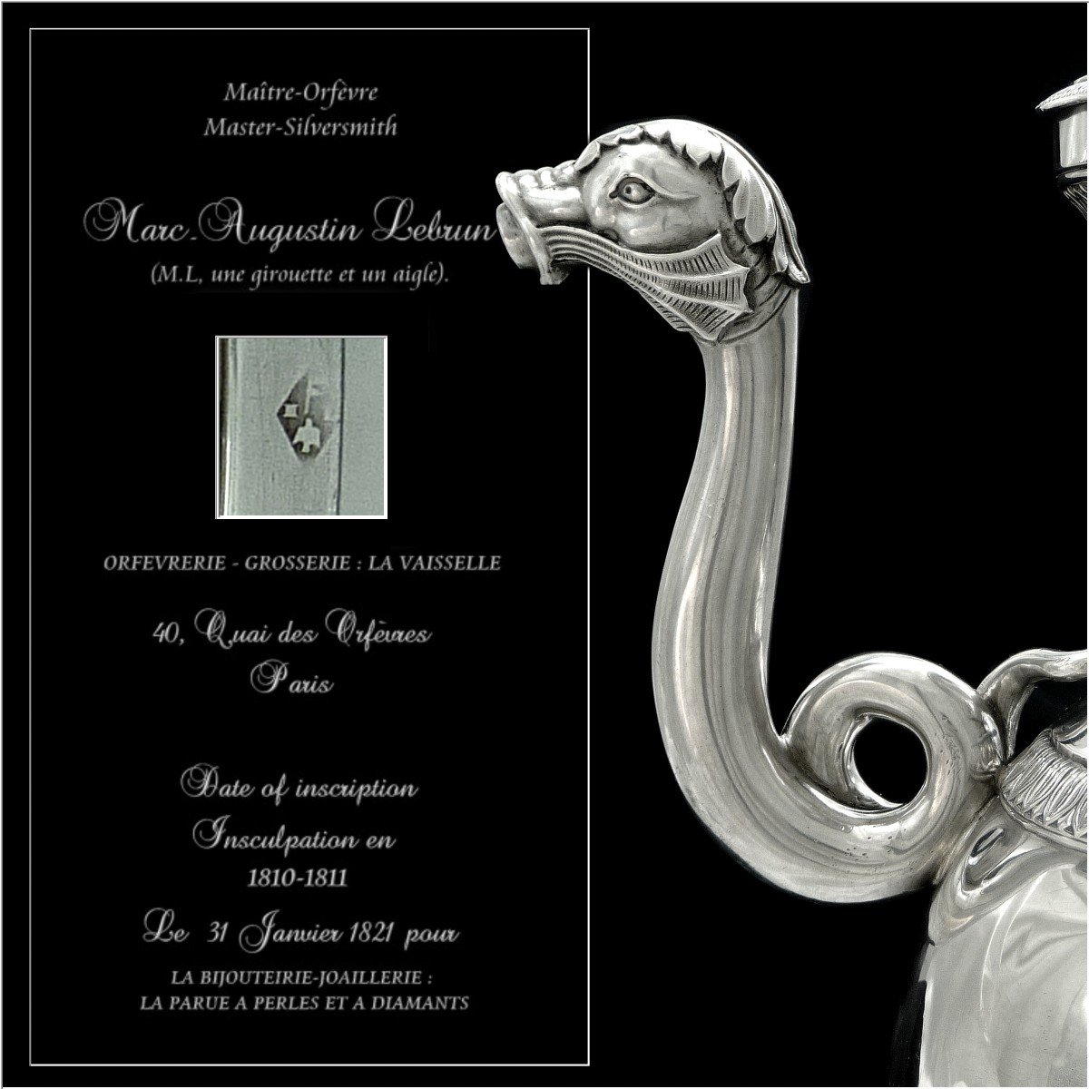 M.A LEBRUN - Imposante Verseuse Cafetière  à l'Hippocampe  Argent Massif  - Ep. Restauration -photo-2