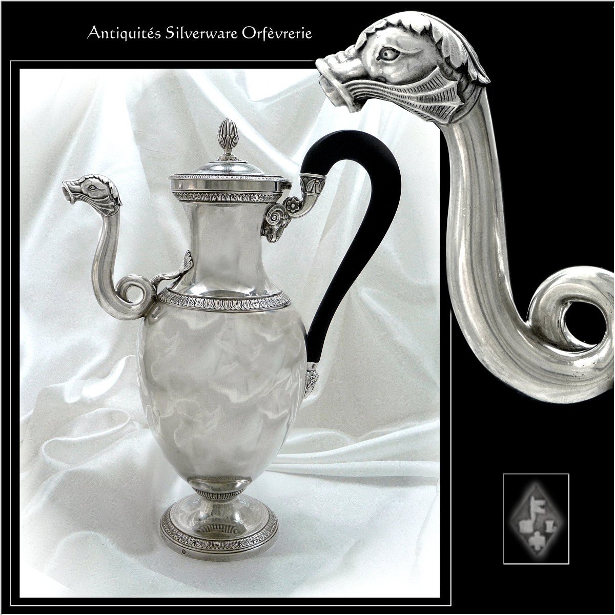M.A LEBRUN - Imposante Verseuse Cafetière  à l'Hippocampe  Argent Massif  - Ep. Restauration 