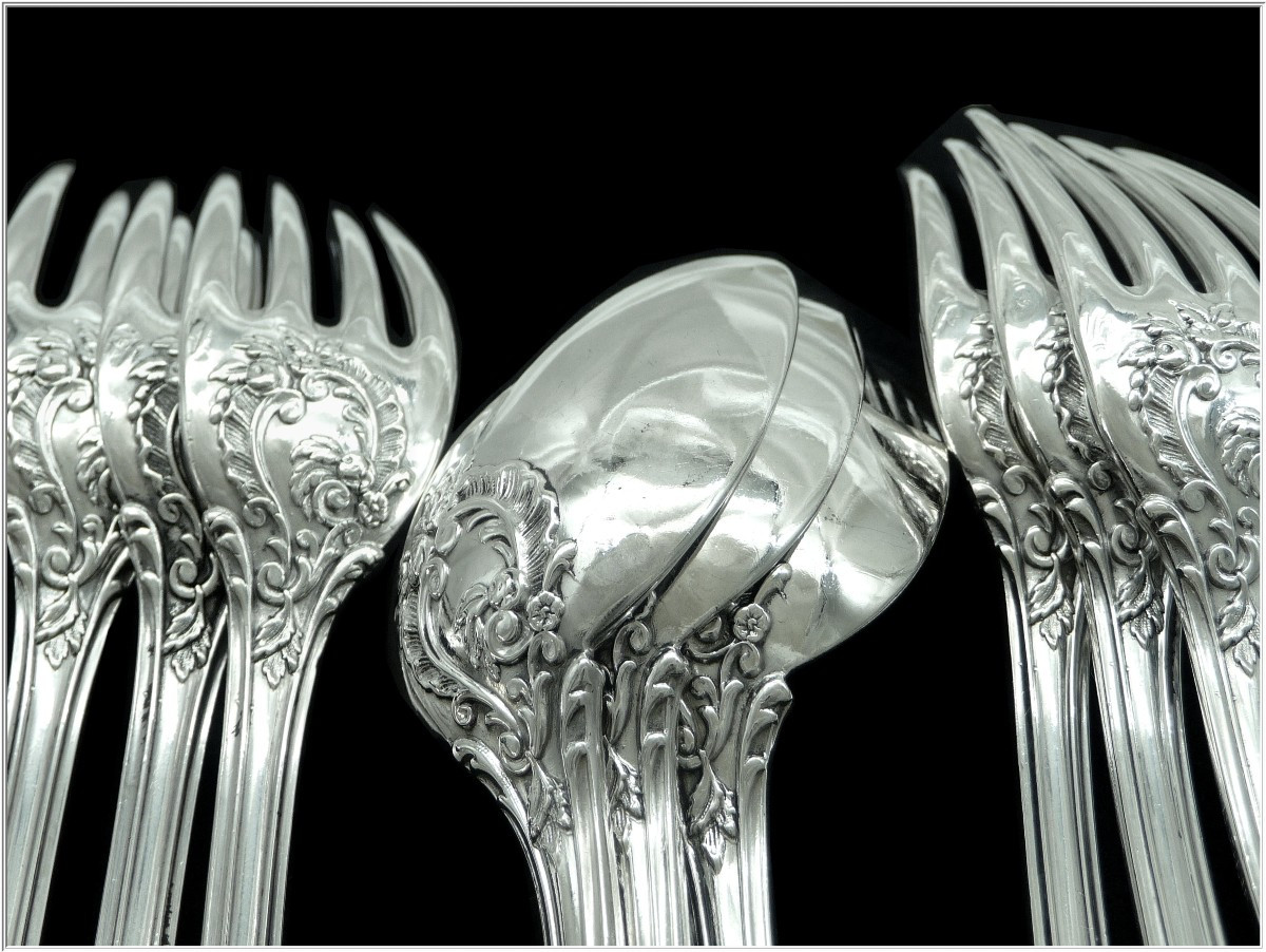 Emile Puiforcat - Sterling Silver Cutlery Set Hors-d'oeuvre / Dessert Floral Decor 12 Guests 950-photo-2