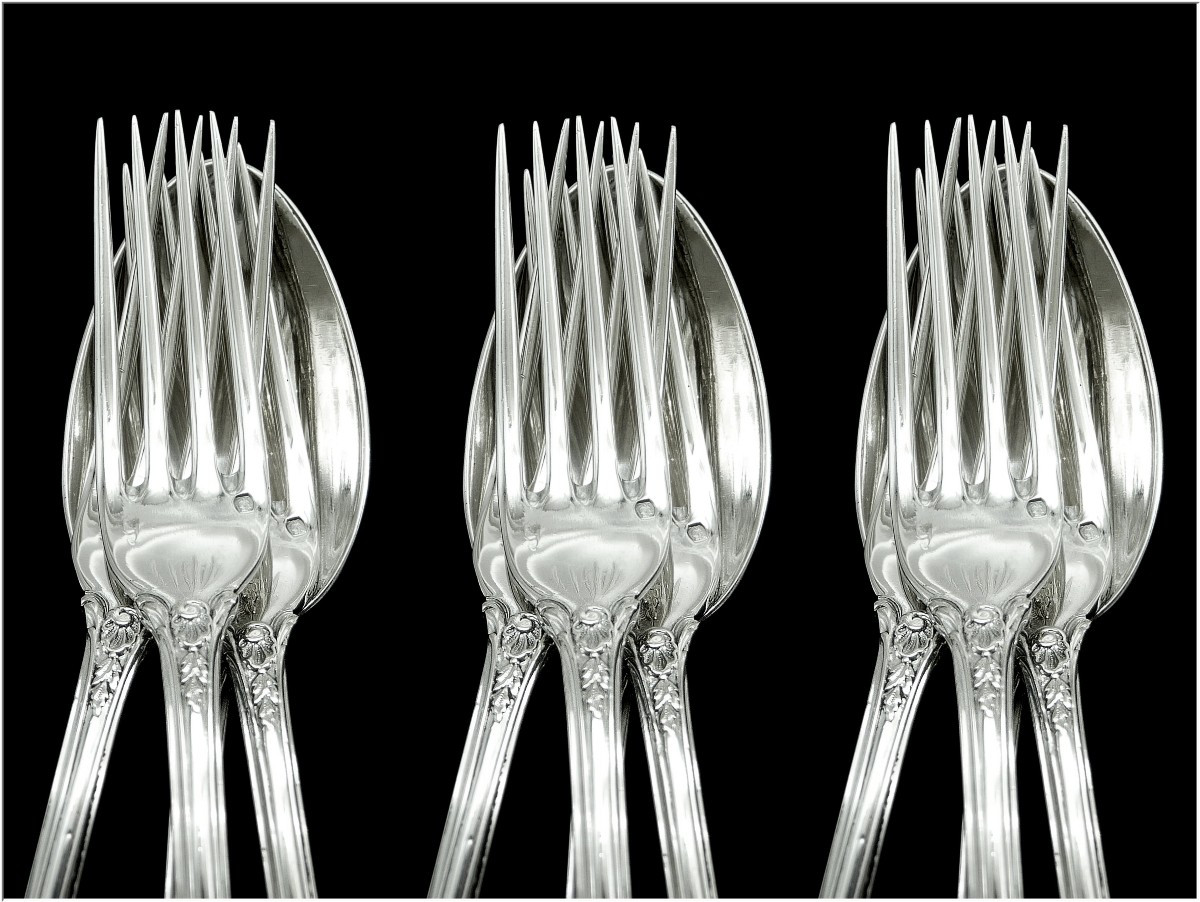 Emile Puiforcat - Sterling Silver Cutlery Set Hors-d'oeuvre / Dessert Floral Decor 12 Guests 950-photo-1