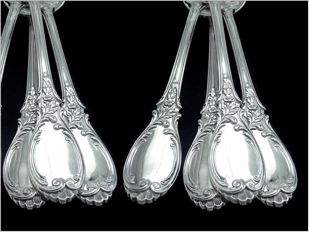Emile Puiforcat - Sterling Silver Cutlery Set Hors-d'oeuvre / Dessert Floral Decor 12 Guests 950-photo-2