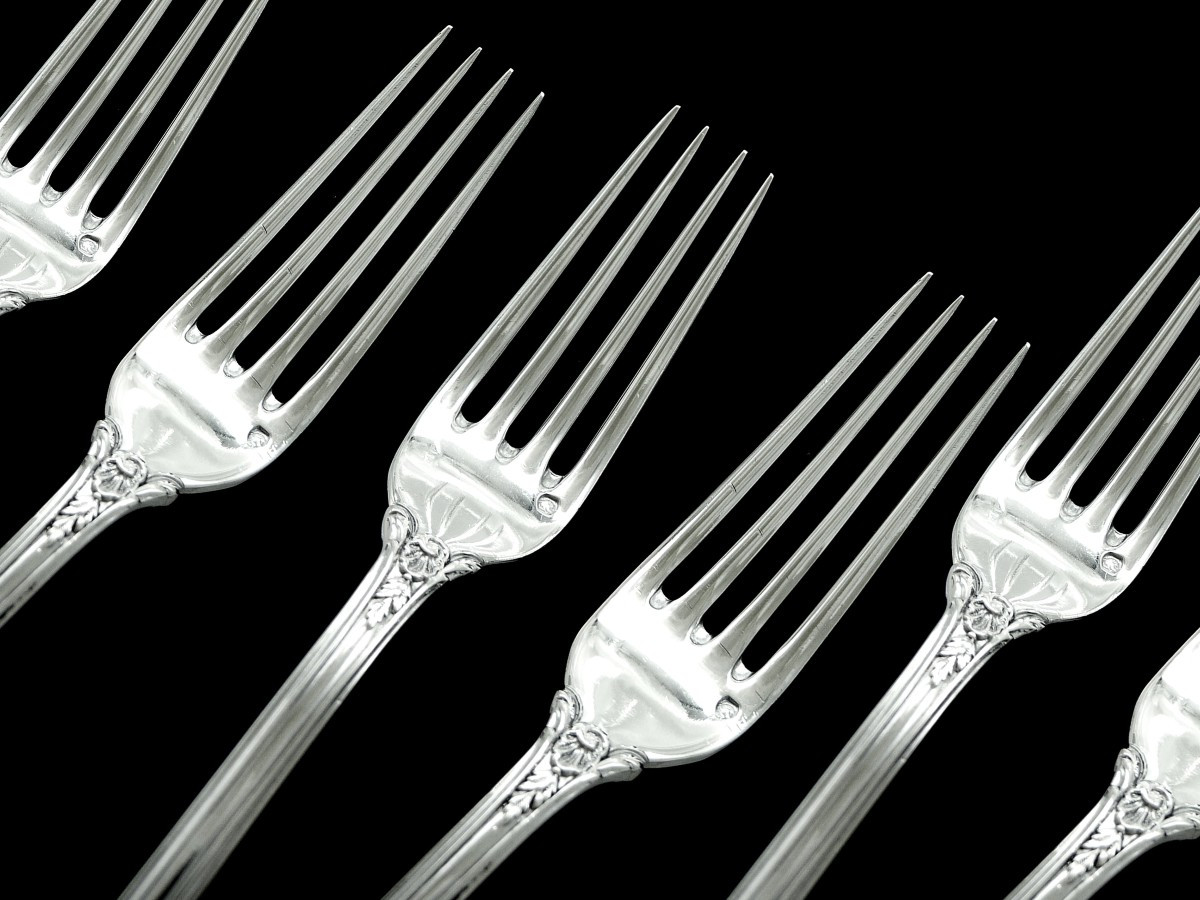 Emile Puiforcat - Sterling Silver Cutlery Set Hors-d'oeuvre / Dessert Floral Decor 12 Guests 950-photo-3