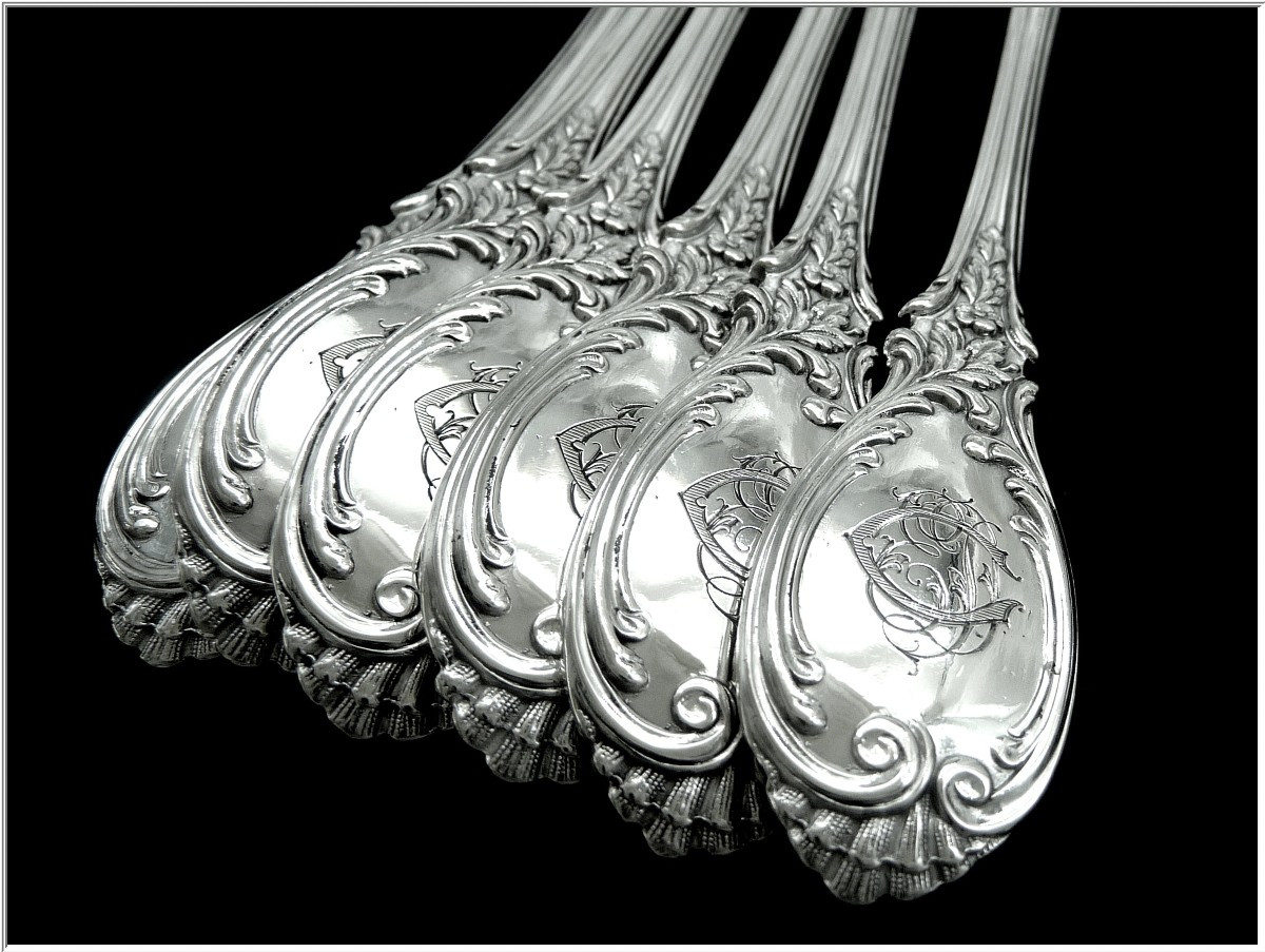 Emile Puiforcat - Sterling Silver Cutlery Set Hors-d'oeuvre / Dessert Floral Decor 12 Guests 950-photo-5