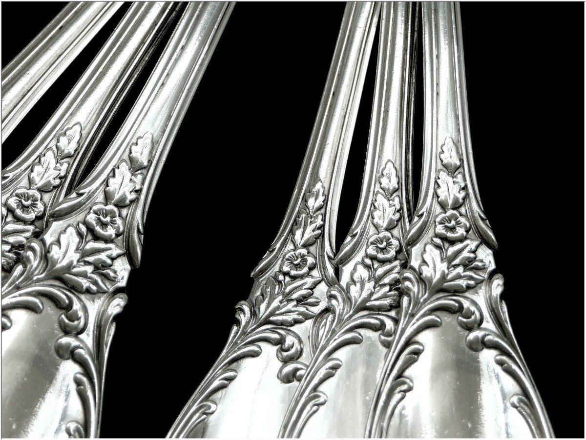Emile Puiforcat - Sterling Silver Cutlery Set Hors-d'oeuvre / Dessert Floral Decor 12 Guests 950-photo-6