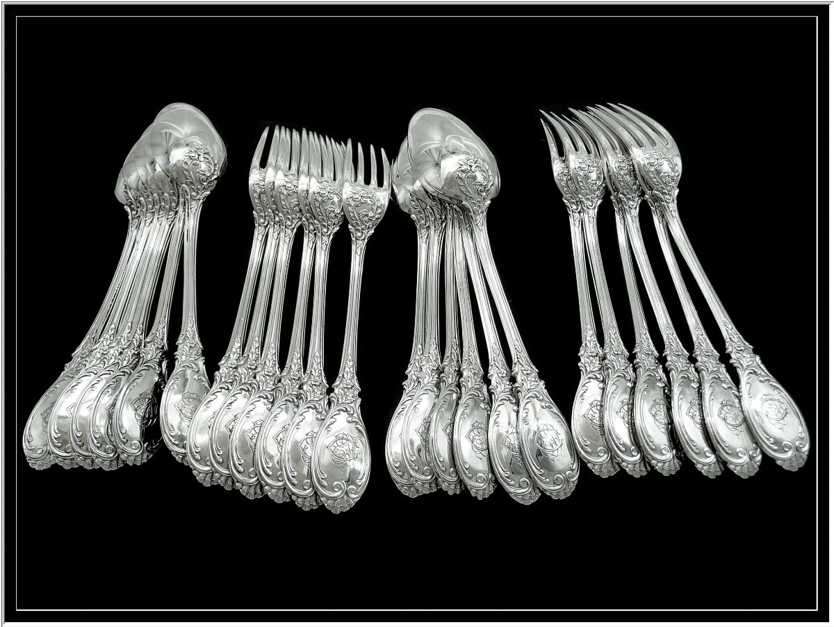 Emile Puiforcat - Sterling Silver Cutlery Set Hors-d'oeuvre / Dessert Floral Decor 12 Guests 950