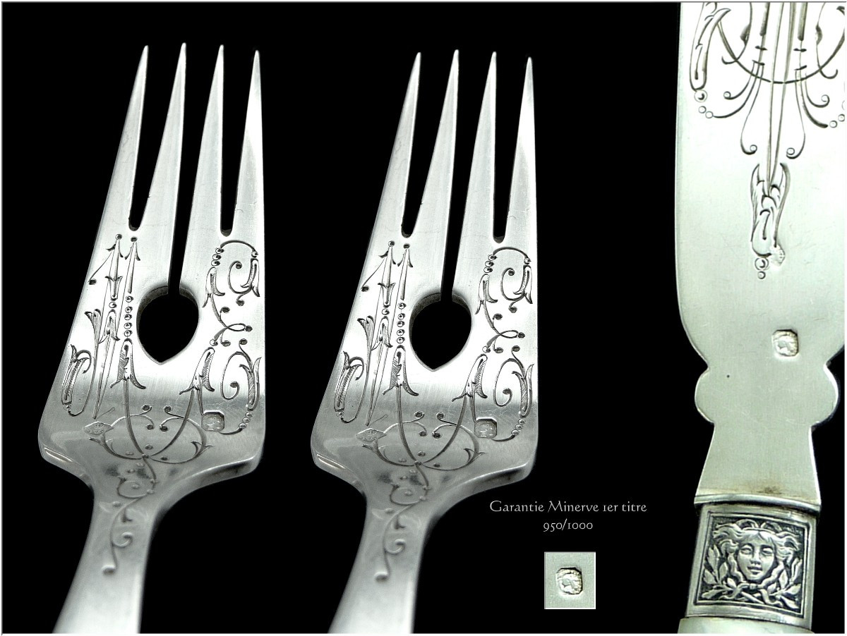 Robert Linzeler - Sterling Silver & Mother-of-pearl Fish Cutlery Set, Minerva 950-photo-2