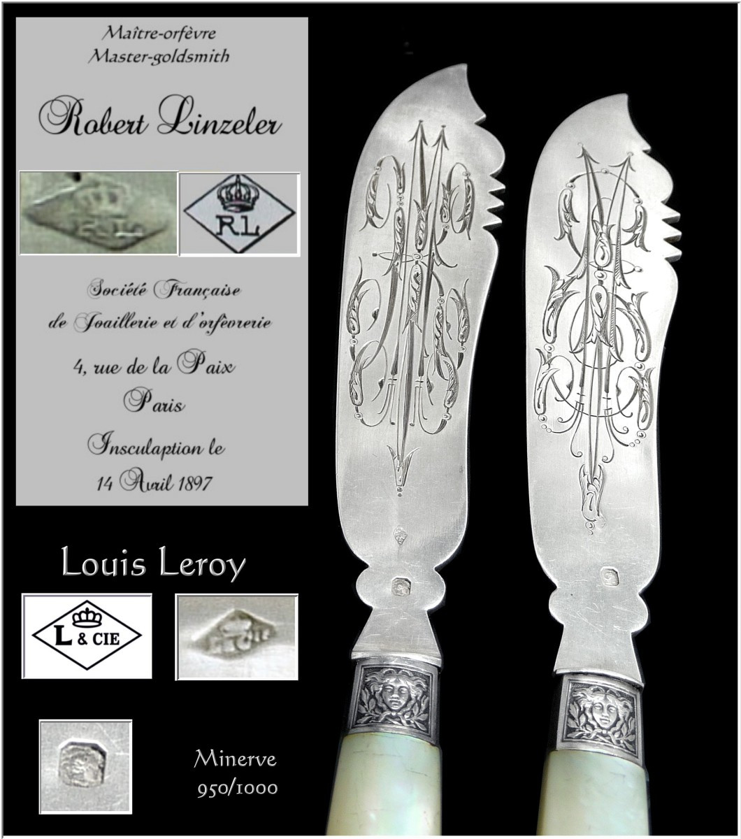 Robert Linzeler - Sterling Silver & Mother-of-pearl Fish Cutlery Set, Minerva 950-photo-1
