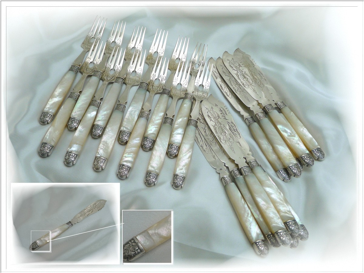 Robert Linzeler - Sterling Silver & Mother-of-pearl Fish Cutlery Set, Minerva 950-photo-2
