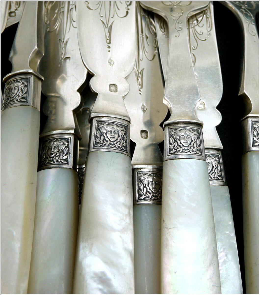 Robert Linzeler - Sterling Silver & Mother-of-pearl Fish Cutlery Set, Minerva 950-photo-4