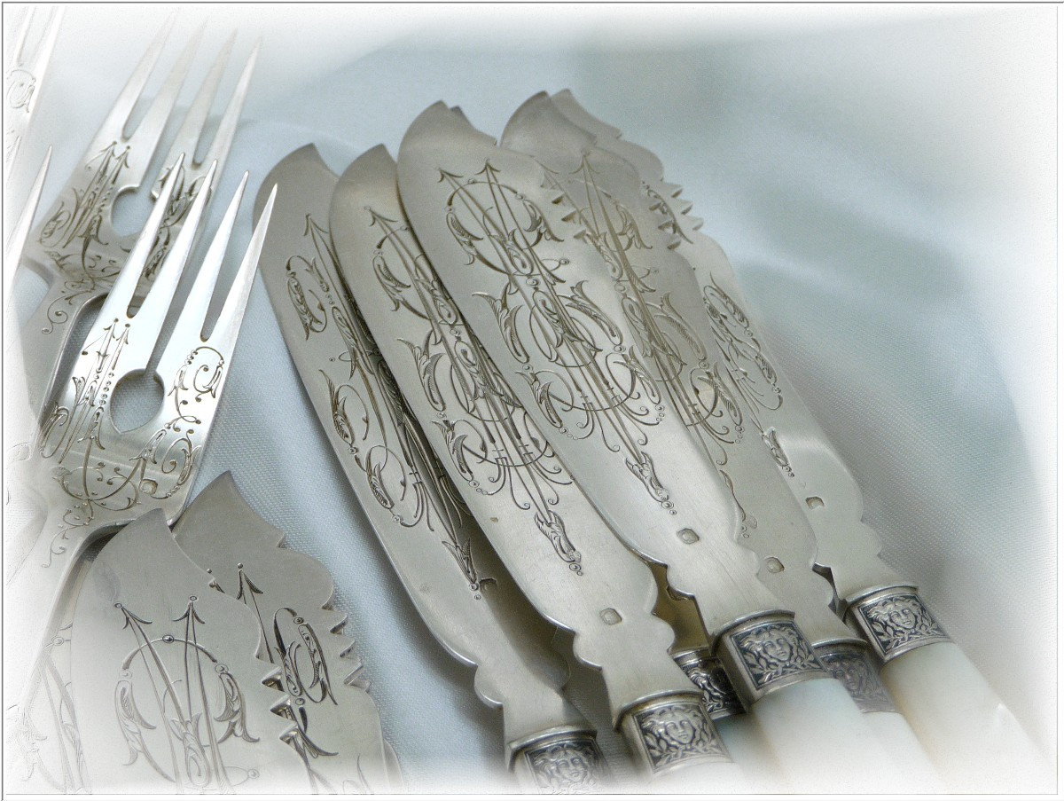 Robert Linzeler - Sterling Silver & Mother-of-pearl Fish Cutlery Set, Minerva 950-photo-8