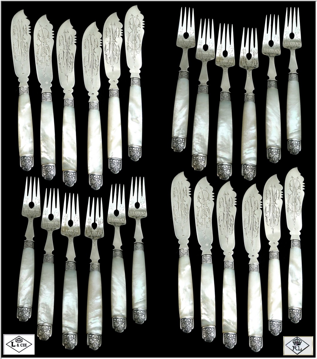 Robert Linzeler - Sterling Silver & Mother-of-pearl Fish Cutlery Set, Minerva 950